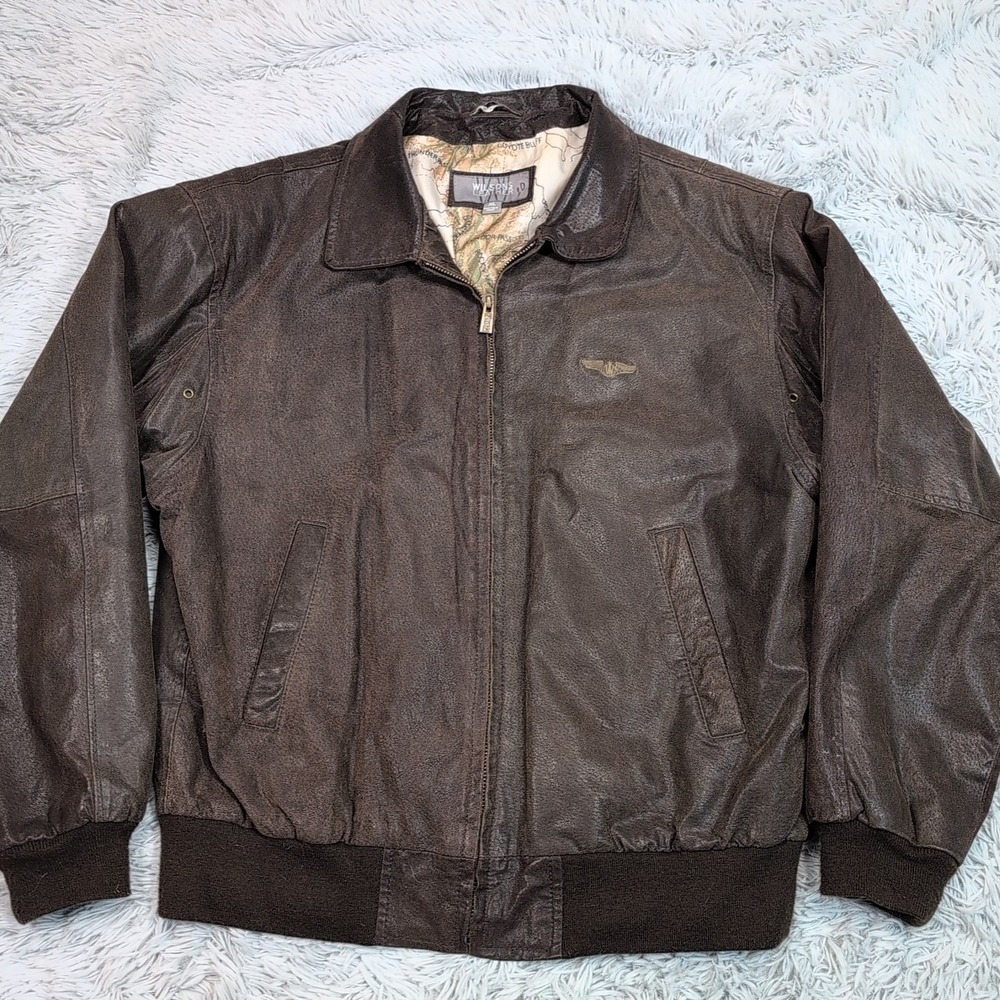 Wilsons Jacket Mens XL Brown Leather Aviator Pockets Zip Up Wing Logo Preppy